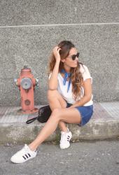 blue skirt, white shirt