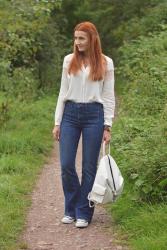 70s Style Boho Blouse, Flared Jeans and Converse