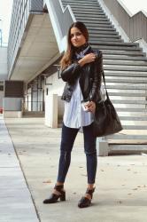 Striped shirt, bandana and leather jacket 