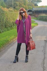 Magenta Cocoon Dress & Leather Leggings from New 40 Plus Clothing Brand, Hope Fashion