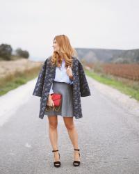 GREY SKIRT AND BLUE BLOUSE