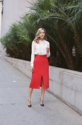 Red Midi Skirt, Collared Blouse