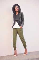 Drape Front Moto Jacket + Tank + Olive Joggers