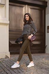 Olive pants and striped turtleneck