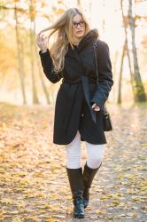 OFF-SHOULDER BLOUSE & BLACK COAT