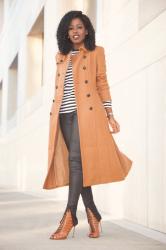 Camel Trench Coat + Striped Tee + Coated Moto Jeans