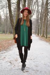 green dress with black cardigan