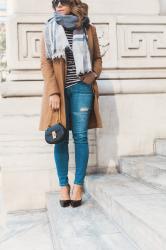 Casual Look | Camel Coat + Distressed Denim