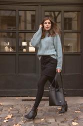 Turquoise Sweater and Black Skirt