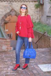 Festive casual attire: ruffle sleeve top