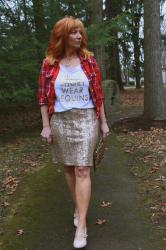 Sequin Pencil Skirt & Flannel Shirt: Tree Creeper