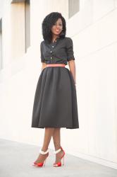 Button Down Shirt + Full Pleated Midi Skirt