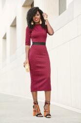 Bordeaux Contrast Waist Diamond Print Dress