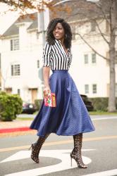 Striped Shirt + Quilted Swing Midi Skirt