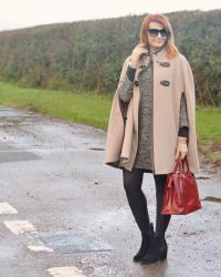 Another Way to Style a Camel Cape | With a Sweater Dress and Black Boots