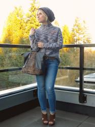 Heart to heart:  chunky sweater, skinny jeans, and woolen beanie