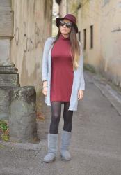 Colori invernali: un look burgundy e grigio 