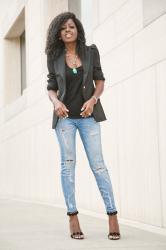 Puff Shoulder Blazer + Tank + Ripped Stiletto Jeans