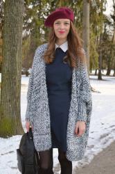 grey cardigan & backpack