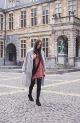 Outfit: sweater dress, thigh high boots