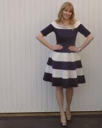 Outfit: Navy and White Fifties Style Prom Dress and Floral Shoes