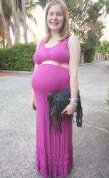 Maxi Dresses, Clutches, Louis Vuitton Bandeau Scarf as a Belt. Third Trimester Pregnancy OOTD