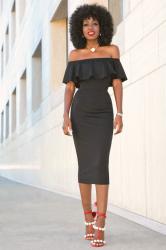 Black Off Shoulder Frill Midi Dress