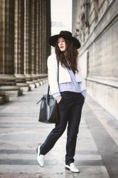 White & blue outfit – Elodie in Paris