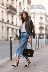 Denim Culottes and Fringed Leather Jacket