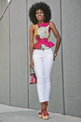 Printed Peplum Blouse + White Ankle Length Jeans