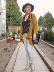 Bookish:  black patterned shirt, grey skinnies, mustard cardigan, and floppy hat