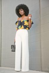 Floral Off Shoulder Blouse + White High Waist Pants