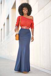 Off Shoulder Rust Sweater + Mermaid Style Maxi Skirt