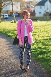 The Crazy Housewife Look: A Fluffy Pink Cardigan and Paisley Joggers