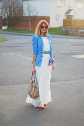 White Maxi Skirt and Layered Blouse (With Blue and Orange) | The Jacques Vert Group Style Edit