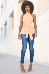 Asymmetric Wrap-Around Halter Top + Ankle Length Jeans