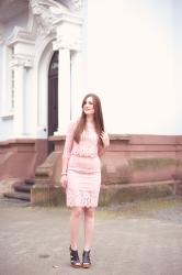 OUTFIT: Pink Lace Suit and Wedge Sandals
