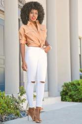 Safari Inspired Boyfriend Shirt + Ripped White Jeans