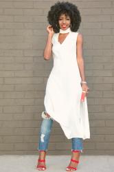 Sleeveless Side Slit Tunic + Distressed Ankle Length Jeans