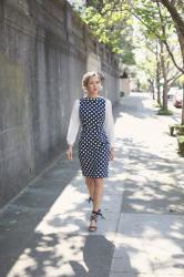 Navy Polka Dot Sheath Dress and Ivory Blouse