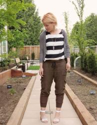 Stud finder:  slouchy cargos, striped tank, shrunken cardigan, and studded ankle-strap sandals