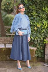 Blue Serenity look: denim midi skirt, star print shirt