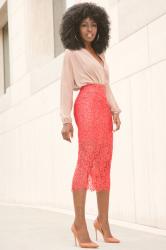 Long Sleeve Faux Wrap Blouse + Lace Pencil Midi Skirt