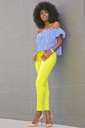 Striped Off Shoulder + Neon Skinny Jeans