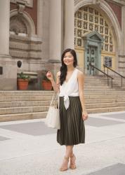 Tie Front Top & Pleated Midi Skirt