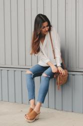 White blouse, jeans & clogs