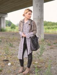 June-uary:  vegan leather leggings, striped shirtdress, and bomber jacket