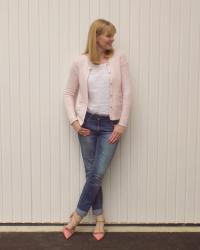 Pink Knitted Tweed Jacket, Pink Shoes and Statement Earrings.