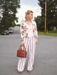 Fancy pants:  striped linen trousers, slouchy tee, floral moto jacket, and red box bag