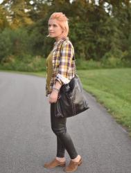 Homestyle:  vegan leather leggings, slouchy tee, plaid shirt, and western-inspired mules
